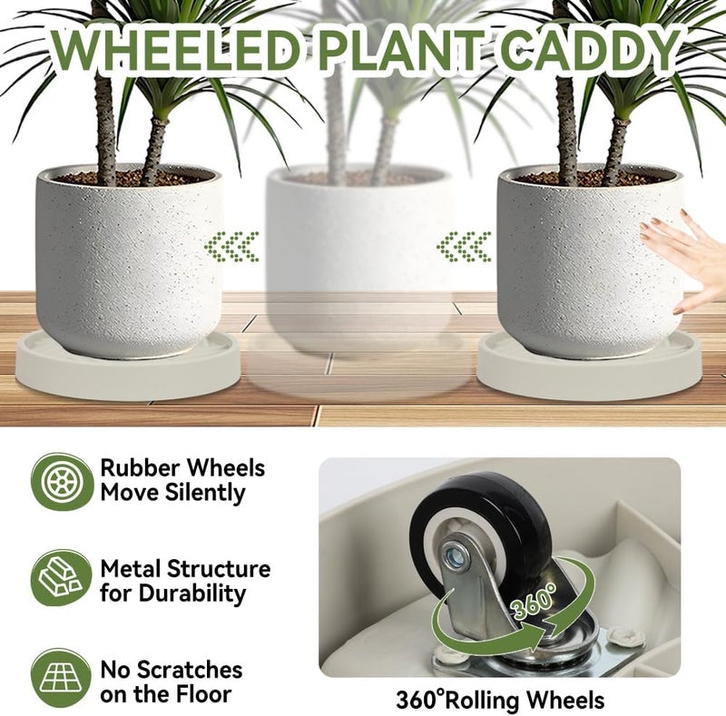 UoeRing 2 Pcs Plant Caddy with Hidden Wheels 11 Inch Heavy Duty Rolling Plant Stand, Indoor Outdoor Plant Saucer Tray with $9.9 Garden Tools (Beige) - Image 4